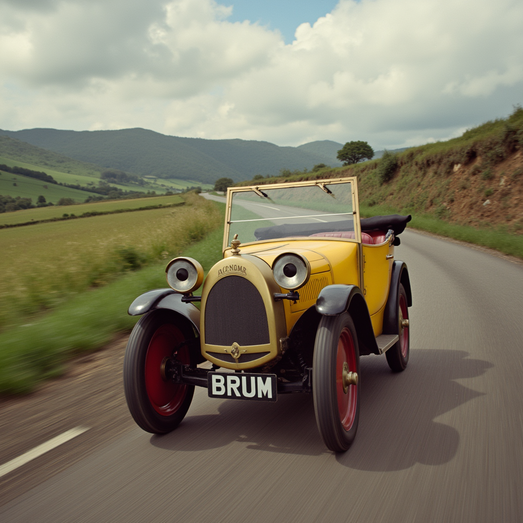 Brum, the little yellow 1920's motorcar from the Children's BBC series by Ragdoll Productions driving through the valleys.