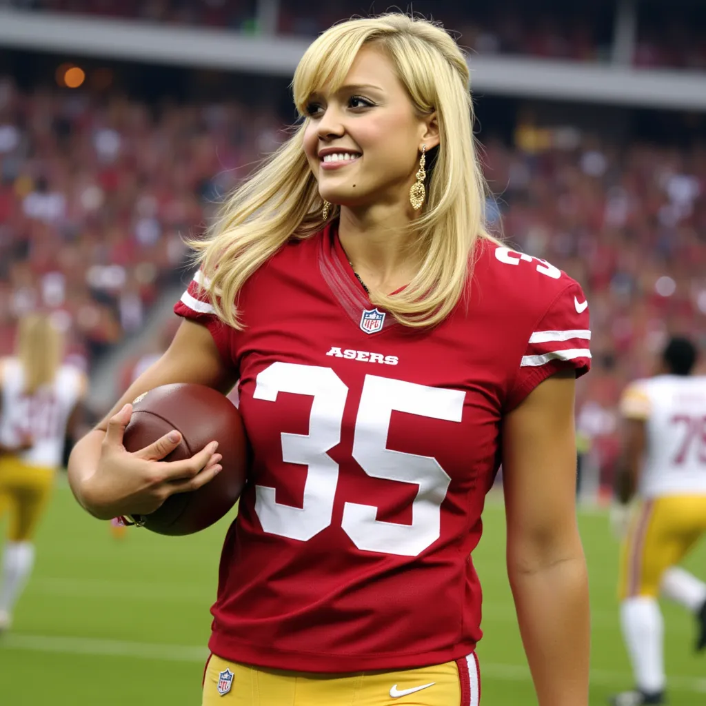 Jessica Alba with straight long blonde hair and bangs, wearing earrings, wearing San Francisco 49ers american football jersey "#35", wearing San Francisco 49ers american football pants, wearing american football shoes, wearing american football gloves, holding a american football, american football stadium, smile, side profile photograph, realistic style, studio lighting, medium telephoto lens, high resolution, 8K detail, natural light, (sharp focus:1.2), (HDR:1.1)