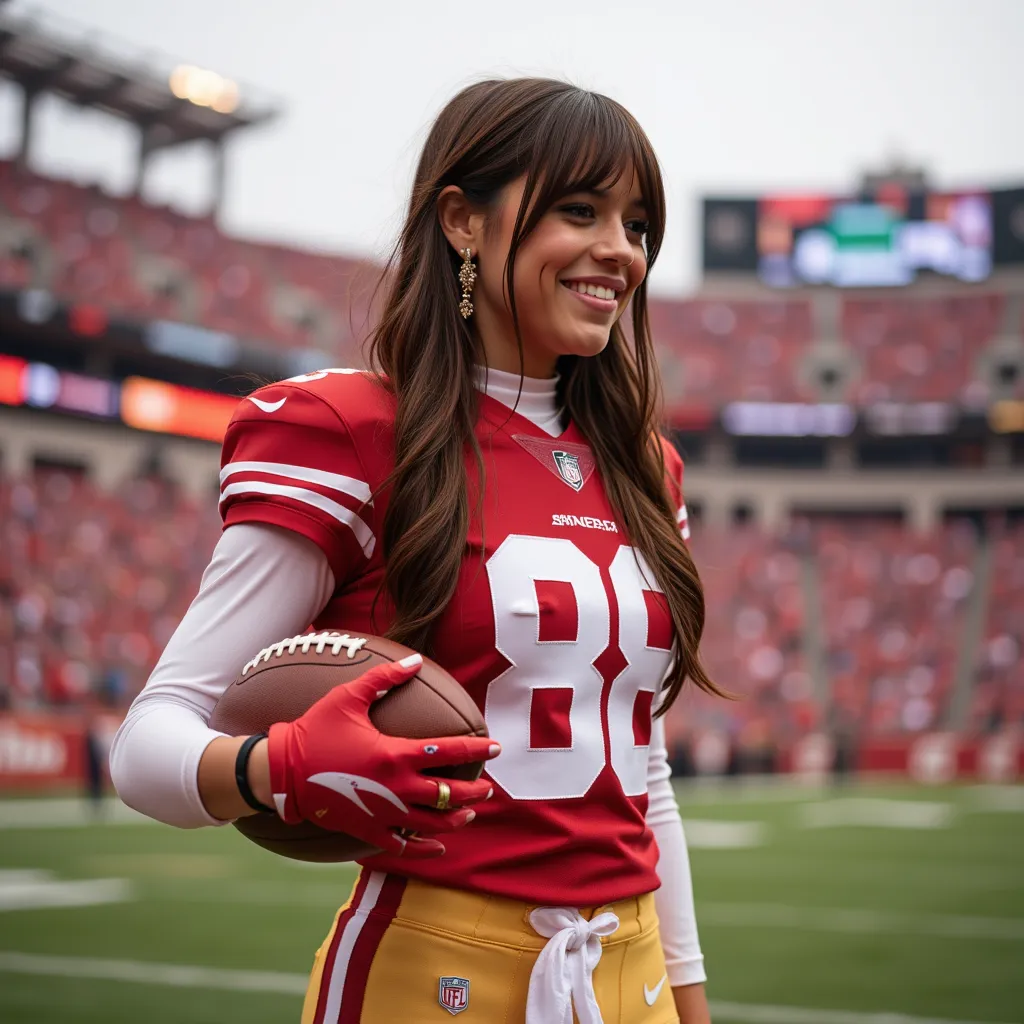 Jenna Ortega with straight long hair and bangs, wearing earrings, wearing San Francisco 49ers american football jersey "#88", wearing San Francisco 49ers american football pants, wearing american football shoes, wearing american football gloves, holding a american football, american football stadium, smile, side profile photograph, realistic style, studio lighting, medium telephoto lens, high resolution, 8K detail, natural light, (sharp focus:1.2), (HDR:1.1)