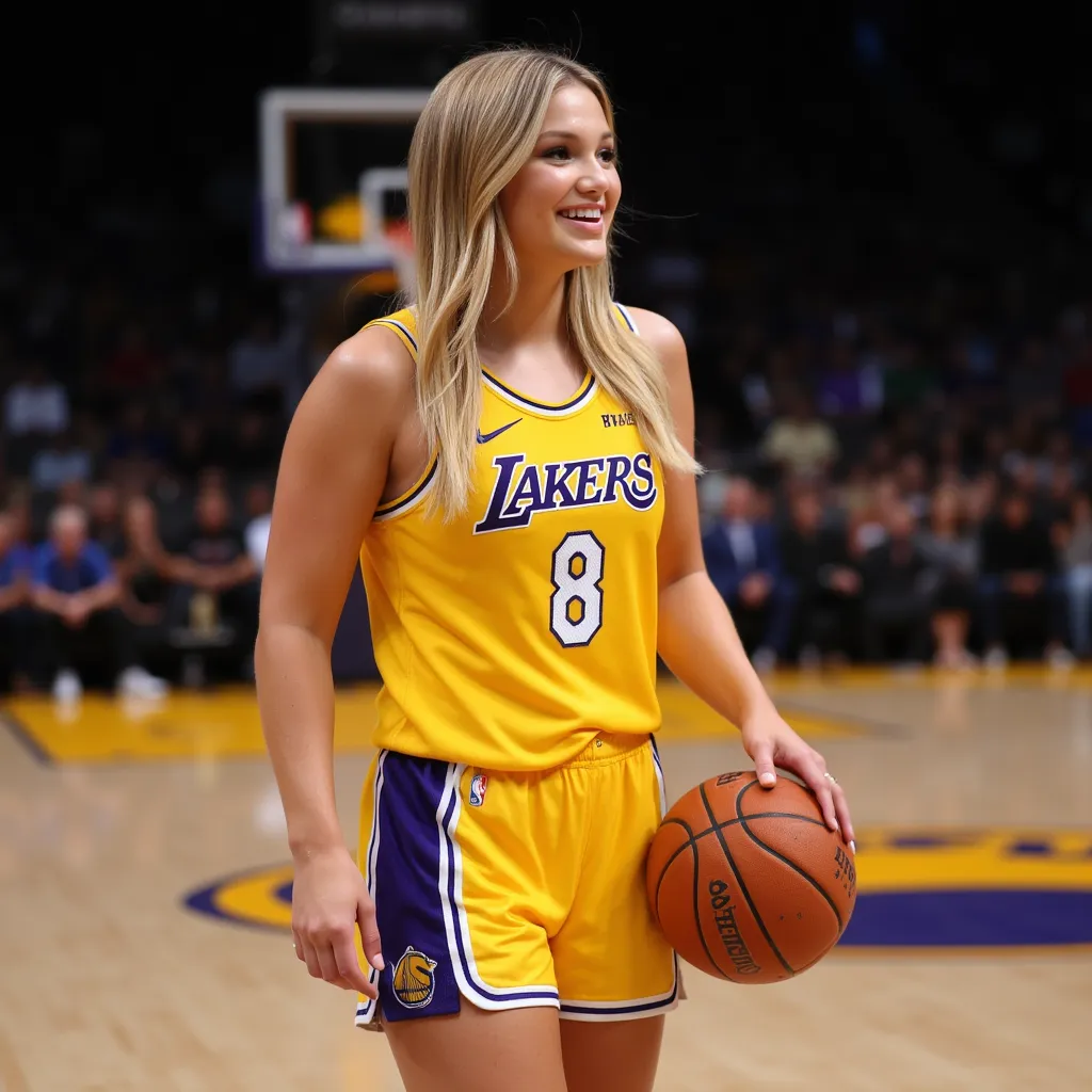 Olivia Holt with straight long hair, wearing earrings, wearing Los Angeles Lakers basketball jersey "#8", wearing Los Angeles Lakers basketball shorts, wearing basketball shoes, holding a basketball, basketball arena, smile, side profile photograph, realistic style, studio lighting, medium telephoto lens, high resolution, 8K detail, natural light, (sharp focus:1.2), (HDR:1.1)