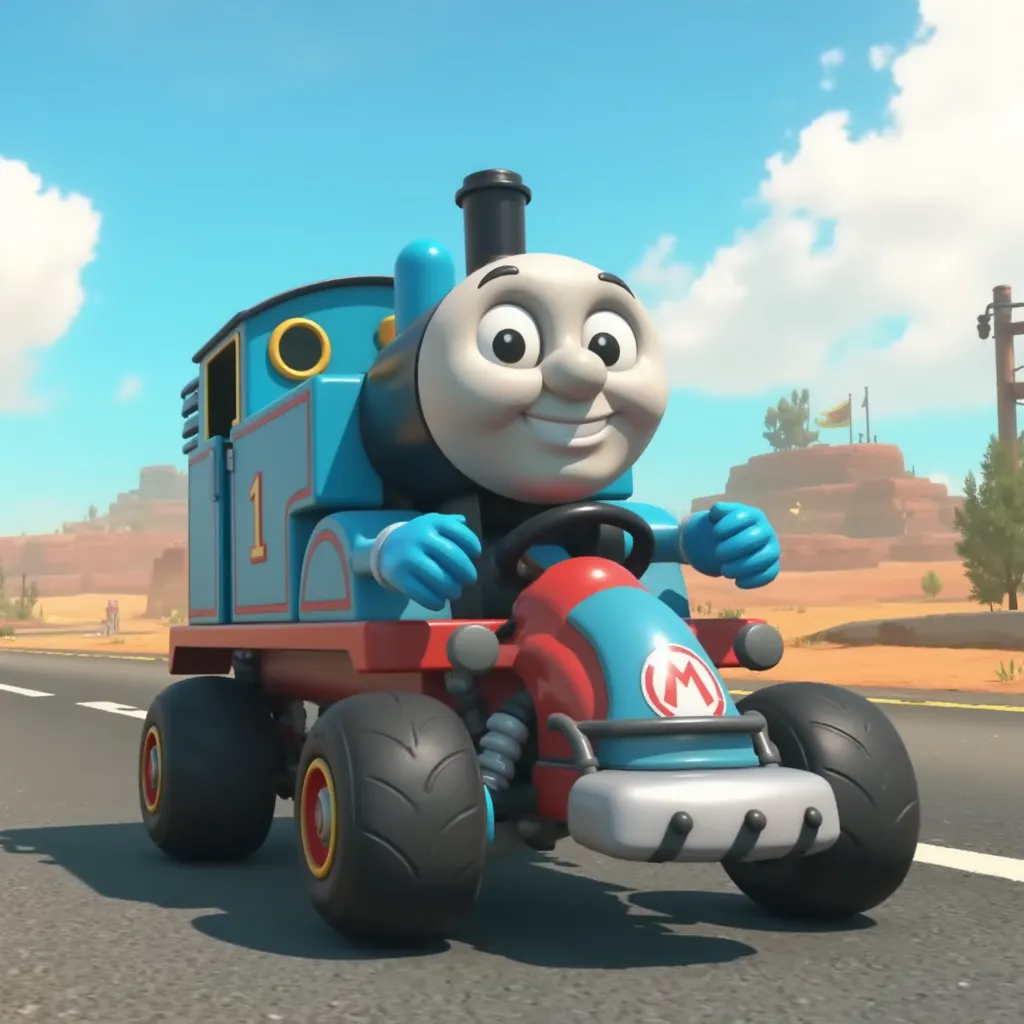 Mario Kart 9 screenshot of a Thomas The Tank Engine character with blue arms riding on a kart