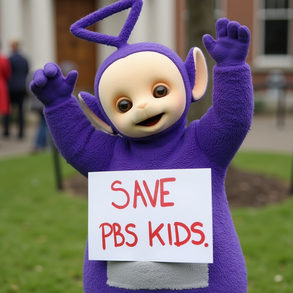 Tinky Winky The Purple Teletubby  holding a sign titled "Save PBS Kids"