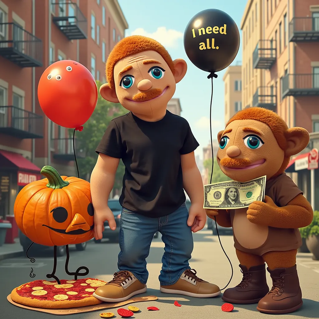 BrooklynGuySML, black shirt, blue eyes, black shrot sleeves shirt, blue jeans, brown shirt, Pumpkin guy and an "I need all" needle putting a pizza with a balloon and giving a hundred dollars 