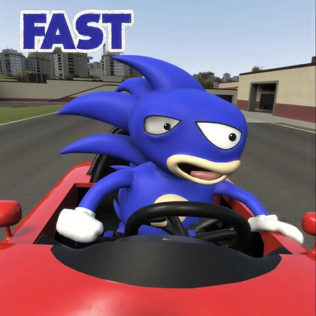 2014 nostalgic vibes, gm_construct, MLG memes, Sanic, blue hedgehog character sits in a race car with exaggerated features. The background is a simple outdoor scene. The word "FAST" is prominently displayed above the character. The image is styled with comedic and exaggerated characteristics, often seen in video game modifications like GMod.