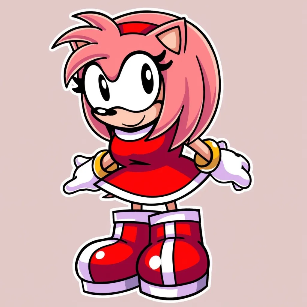 AmyRoseSRRFNF, depicted in a cartoon style. She has pink hair, wearing a red dress with white trim, and matching red boots.  large black eyes, red headband, Amy Rose from sonic the hedgehog