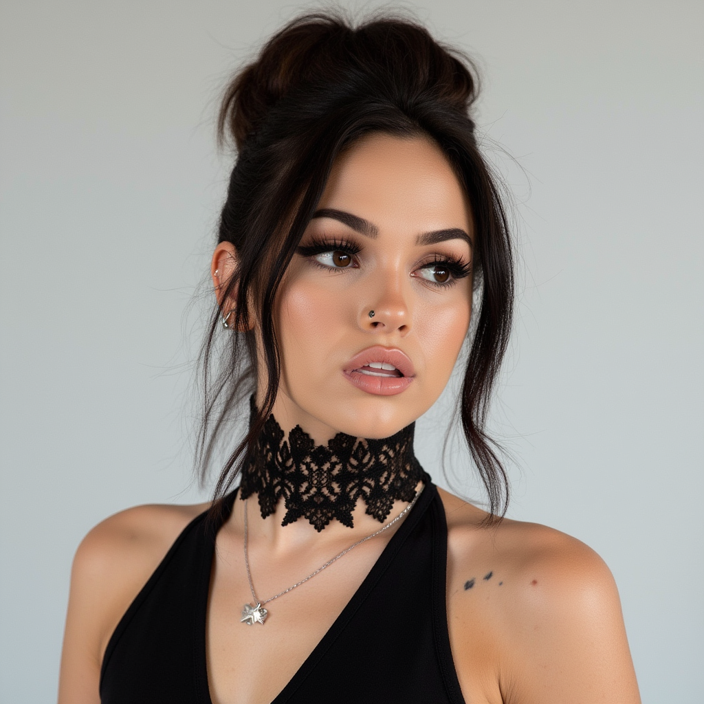 Maggie Lindemann in a portrait against a plain background. She is wearing a black sleeveless top and a choker with lace details. Her hair is styled in a high bun with loose strands framing her face. She has multiple ear piercings and is looking off to the side.