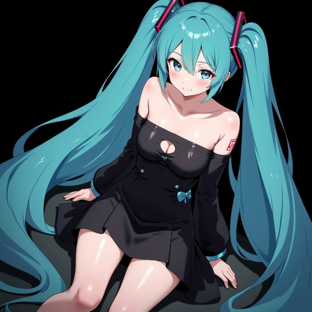 Hatsune Miku depicted in an anime style, sitting with a confident expression. She has long turquoise twin-tails and is wearing a sleek, black dress with a cut-out design. The background is dark, and her outfit is accented with a small blue bow.