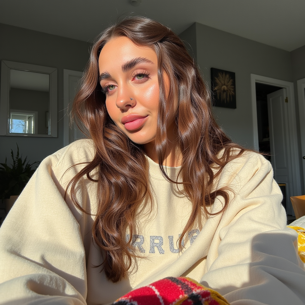 Mia Beyer with long, wavy brown hair cascading over her shoulders, illuminated by natural sunlight. She is wearing a light beige sweatshirt with subtle lettering while sitting in a room with neutral-toned walls. The sunlight enhances the rich tones of her hair and adds warmth to the setting. Behind her, there is a mirror, an open door, and a framed painting on the wall. A colorful blanket is partially visible in the foreground, adding a pop of color to the otherwise earthy surroundings. The scene feels casual and cozy.