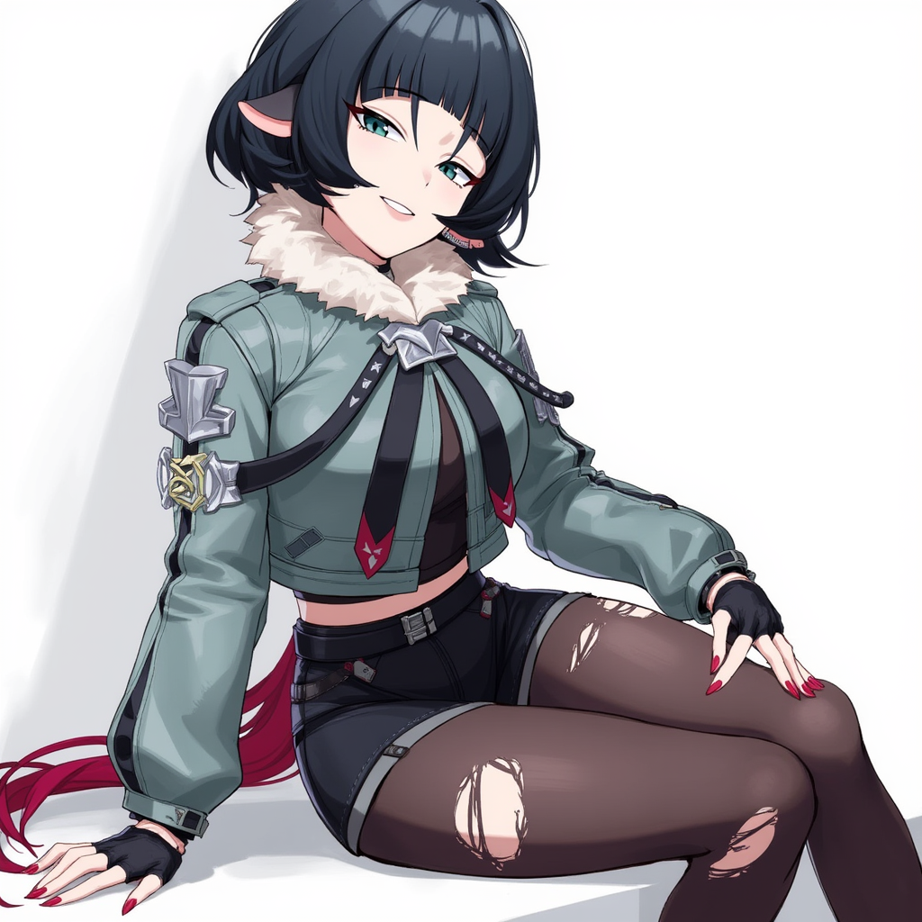Jane Doe (Zenless Zone Zero) depicted in a stylized anime-inspired illustration. She is sitting, her outfit featuring a detailed jacket with intricate patterns and straps, and torn black tights emphasizing a contemporary, edgy design. Her hair is short and dark, complemented by red highlights in a long side strand. An accessory resembling a blade is visible on her left side, adding a dynamic touch to the character. The pose and outfit hint at a rebellious yet poised personality, fitting the futuristic aesthetic of Zenless Zone Zero.