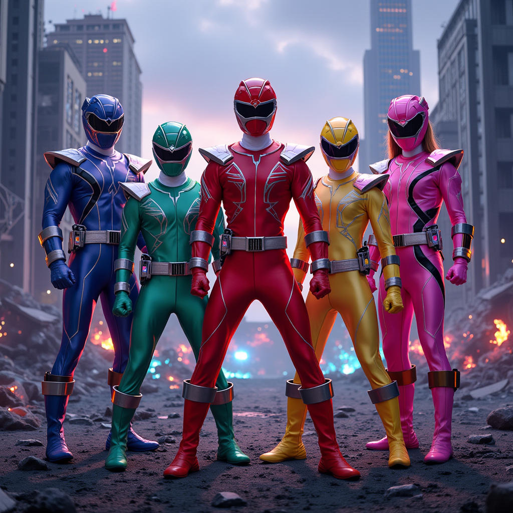 Five Power Rangers dressed in sleek, high-tech Cyber Gamer Suits, showcasing vibrant colors: a deep metallic blue Ranger, a rich emerald green Ranger, a bold crimson Ranger, a sunny yellow Ranger, and a striking pink Ranger. Each suit is adorned with futuristic patterns and glowing accents that hint at advanced technology. They stand confidently in an urban battlefield, surrounded by crumbling skyscrapers and flickering neon lights casting a vibrant array of colors across the debris. The atmosphere is charged with energy and determination, portraying a sense of unity and strength among the team. The scene is illuminated by dramatic, contrasting lighting - shadows dance around them, while vibrant bursts of color from their suits glow against the twilight sky. The artistic style blends hyper-realism with a touch of comic book flair, capturing the essence of action and adventure in every detail.