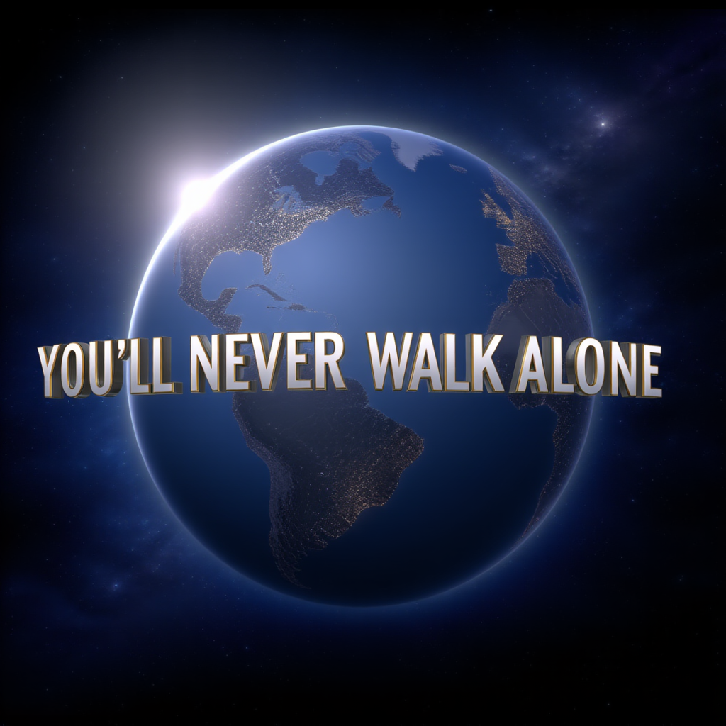 The Universal Pictures logo from 2012 to the present, featuring a 3D depiction of Earth set against a starry space background. The word "YOU'LL NEVER WALK ALONE" is prominently displayed in large, metallic letters across the planet. The Earth is illuminated from behind, creating a lens flare effect.