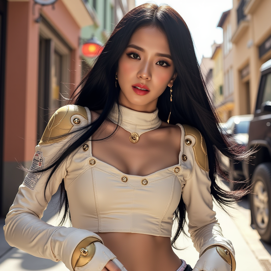 comic book style photo Jisoo dark  with long, dark, and glossy hair catching the light. Her skin tone is light to medium. She has defined dark eyebrows, long dark eyelashes, and is wearing dark red lipstick. She has black eye makeup and a fierce expression. She is wearing tight white pants and white combat boots. Showing midriff

Her outfit is a light-colored, possibly white or cream-colored, garment with a high neckline. There are gold circular details on the shoulders of her dress.