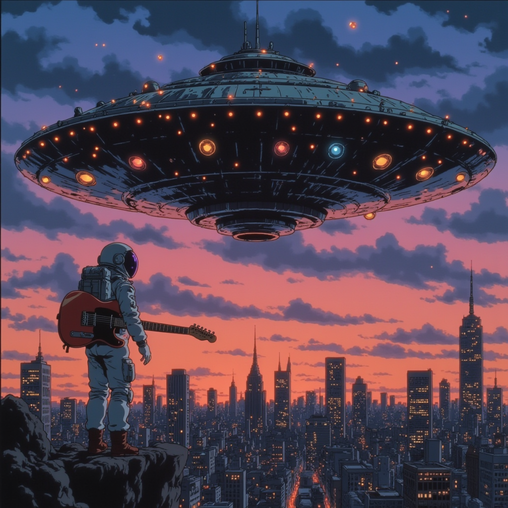 A colossal flying saucer, adorned with intricate metallic patterns and glowing pulsating lights, hovers majestically against the backdrop of a sprawling cityscape at dusk. The vibrant skyline is dotted with skyscrapers, their windows reflecting hues of orange and pink from the setting sun, while wispy clouds enhance the surreal atmosphere. A lone astronaut, encased in a sleek white spacesuit, is gracefully lifted towards the saucer by a shimmering, luminescent gravity beam. Clutched in one hand is a Fender Stratocaster, its glossy finish shimmering with vibrant colors, gently floating in the air around him as if caught in a tranquil dance. The mood is a mix of wonder and surrealism, illuminated by ethereal light emanating from the spacecraft, casting otherworldly shadows on the city below. The artistic style is hyper-realistic, capturing every fine detail, from the astronaut's visor reflecting the city lights to the minute textures of the guitar’s body, creating a breathtakingly vivid scene of cosmic intrigue.