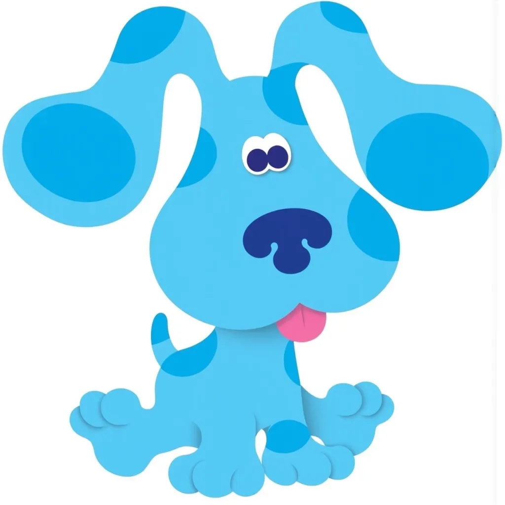 Blue (Blue's Clues) is a cartoon dog with light blue fur and darker blue spots. It has floppy ears, a large nose, and expressive eyes.