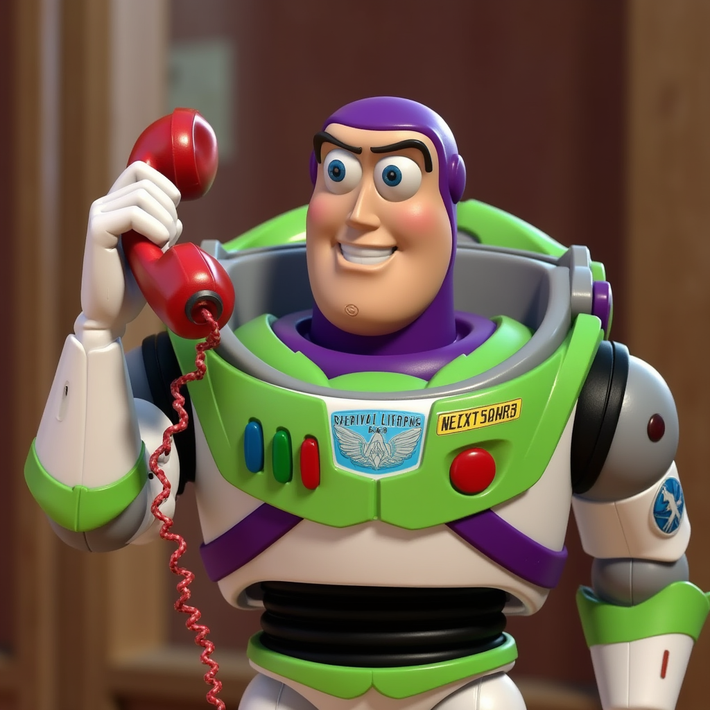 Buzz Lightyear hangs on the telephone