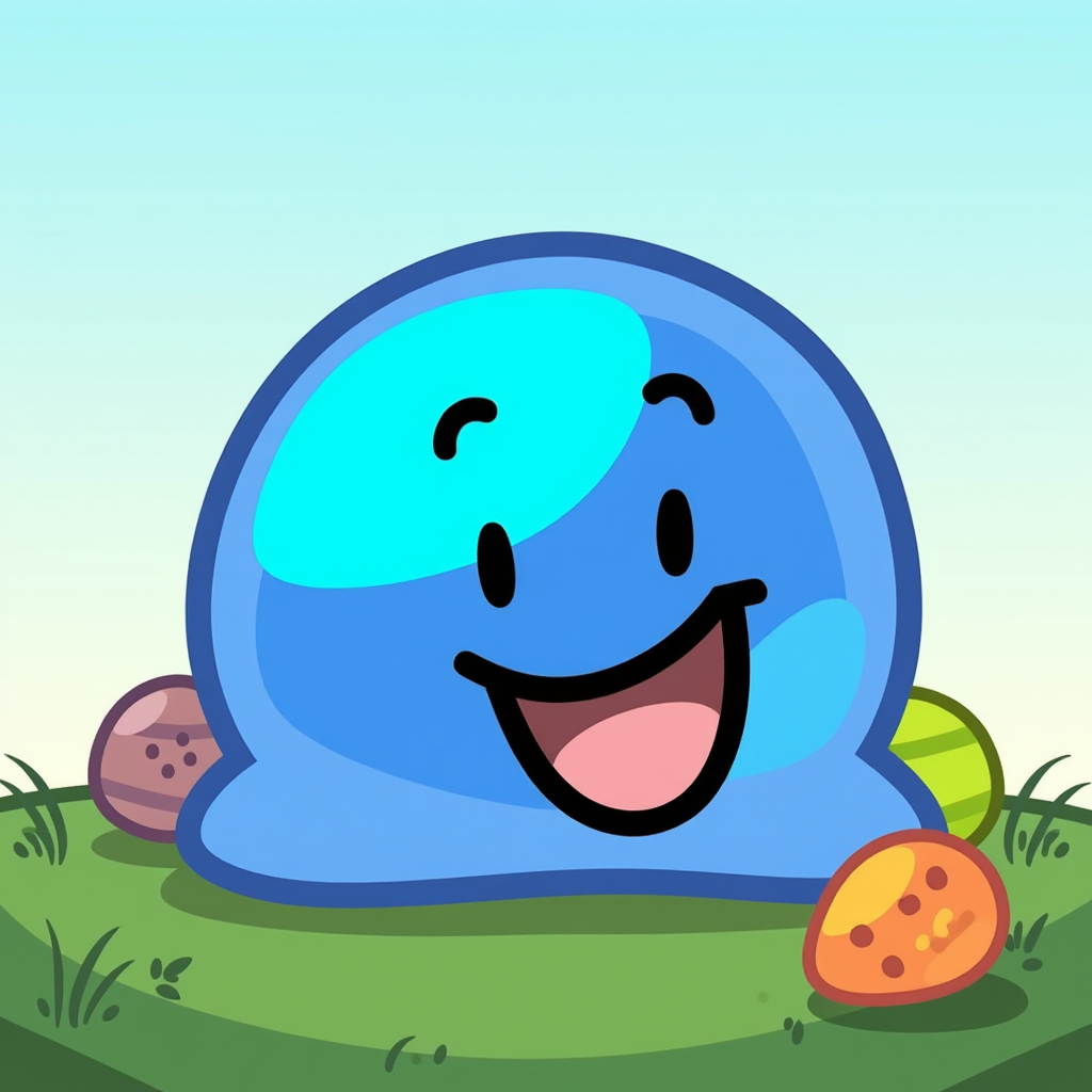 Goo is a small blob of light blue slime with an azure blue center and a cyan highlight. He has a wiggly mouth and he has no limbs. Goo is happy near some Easter eggs in a field