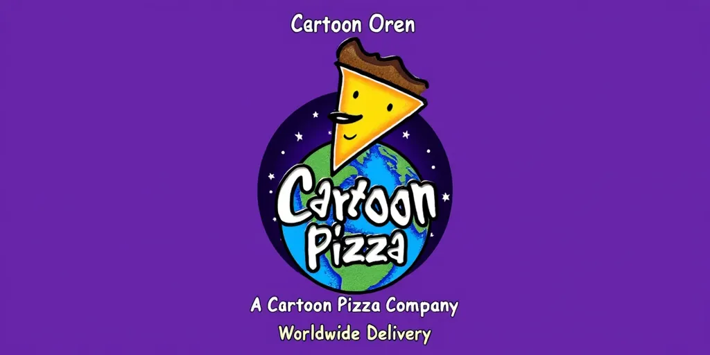 Logo for "Cartoon Pizza" with a slice of pizza featuring a smiley face and brown crust atop a globe, set against a starry, purple background. The text reads "Cartoon Oren, A Cartoon Pizza Company" above and "Worldwide Delivery" below.