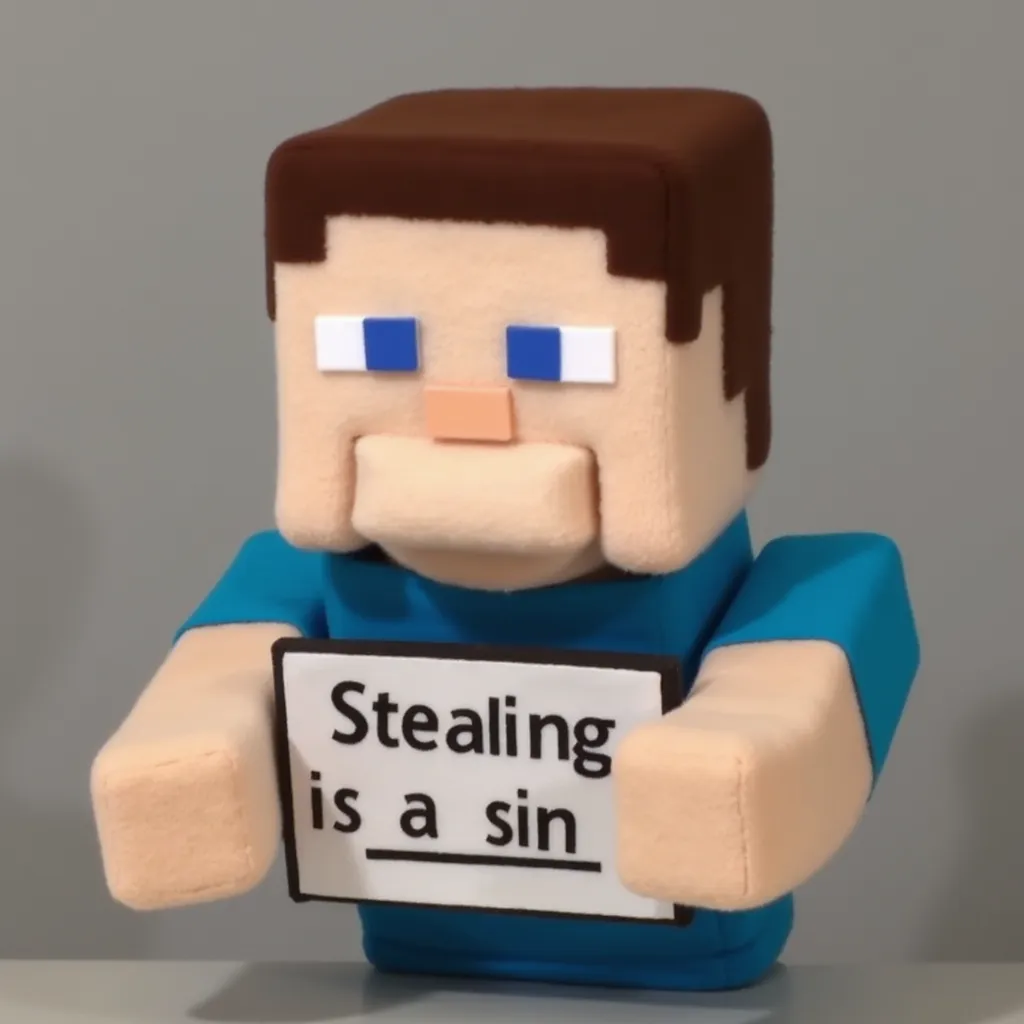 Puppet Steve in a blocky, Minecraft-inspired design with a square head and pixelated features. It has a light skin tone, brown hair, and is wearing a blue shirt. holding a sign saying. "Stealing is a sin"