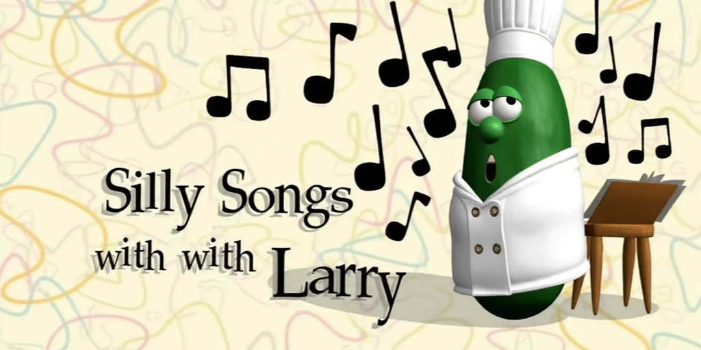 Silly Songs with Larry Intro: A cartoon cucumber character, Larry, is singing from a music stand. He wears a chef outfit amidst large musical notes. The background features colorful, abstract squiggles, and the words 'cooking Songs with Larry' are prominently displayed."