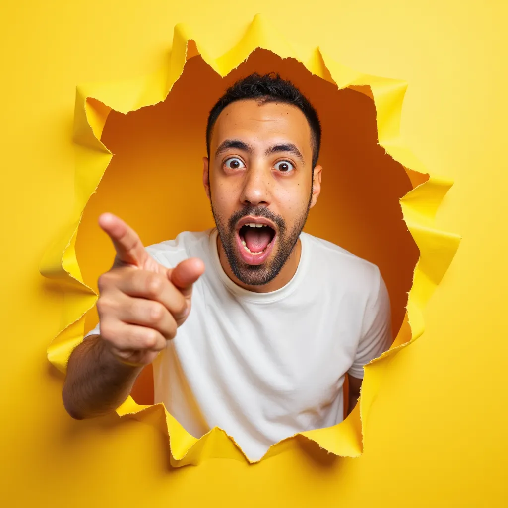 "A dynamic and energetic scene of a young man with short hair and a white t-shirt bursting through a torn yellow paper background. His face expresses excitement and surprise, with wide-open eyes and mouth agape, as he points enthusiastically toward something outside the frame. The torn paper effect adds depth and movement, enhancing the sense of urgency and curiosity. The overall composition is playful, engaging, and visually striking, perfect for an attention-grabbing promotional design."