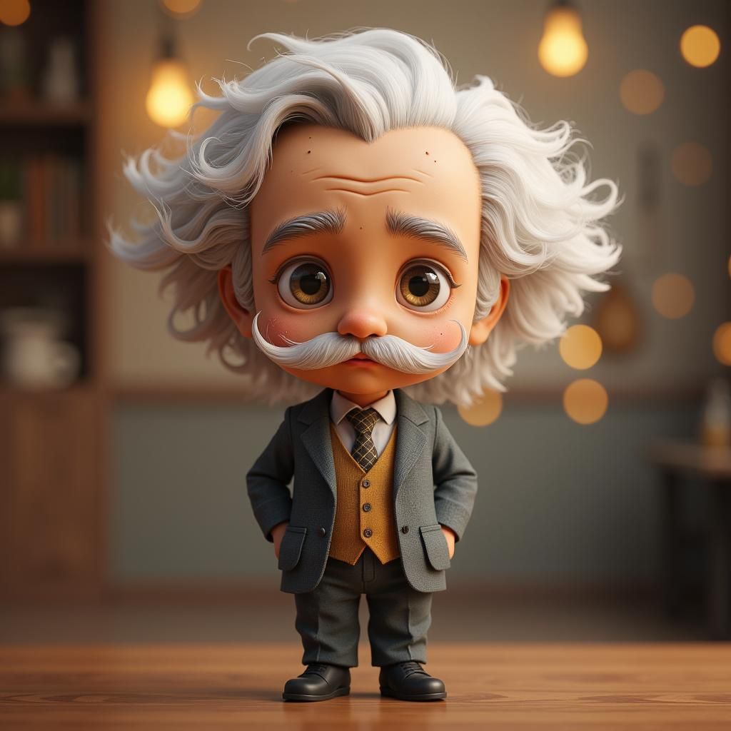 A highly detailed, ultra-realistic 3D-rendered chibi-style character inspired by a famous scientist. The character has exaggerated yet adorable proportions, with a large head, expressive eyes, and a small body. He has wild, wavy white hair and a distinguished mustache, wearing a classic vintage suit with a vest and tie, exuding wisdom and intelligence. The background features a warm, cinematic bokeh effect with glowing orbs of light, creating a soft and elegant ambiance. The lighting is professional, enhancing the textures of the clothing and facial features, making the character look both charming and sophisticated. The scene is captured from a slightly low angle, emphasizing the character’s presence.
