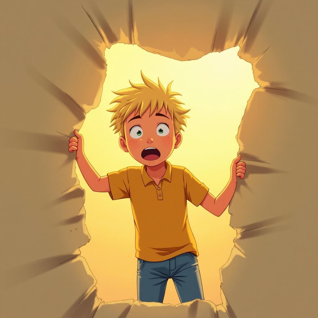 "A young man with short, messy blonde hair and a surprised expression bursts through a large, torn paper wall. He wears a mustard-yellow polo shirt and blue jeans. His wide eyes and slightly open mouth suggest curiosity and amazement as he emerges into a new world. The background is warm and golden, with soft lighting creating a magical atmosphere. Rendered in the signature Studio Ghibli style, with painterly textures, soft shading, and an enchanting color palette. The scene exudes a sense of adventure and discovery, as if stepping into a whimsical, unknown realm."