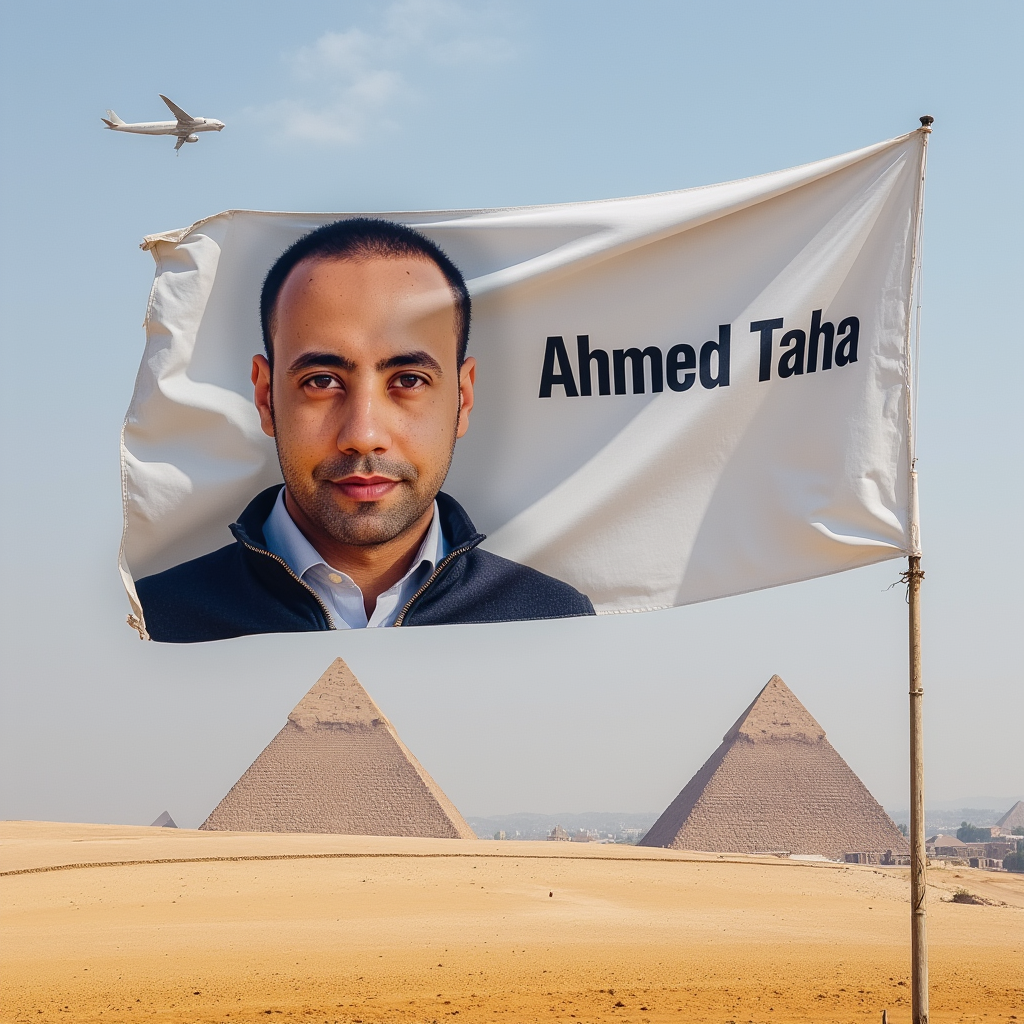 A high-resolution, hyper-realistic image of a 32-year-old man with short hair, printed on an extremely large fabric banner fluttering in the air, as if attached to a flying aircraft. The banner is displayed with the iconic Pyramids of Giza in the background under a bright sky. The man's facial features are clearly visible with full detail and sharpness. Next to his image, the name Ahmed Taha is written in bold, clear, and large font. The overall scene conveys grandeur, motion, and clarity, with the banner appearing majestic and dynamic as it waves above the ancient pyramids.
