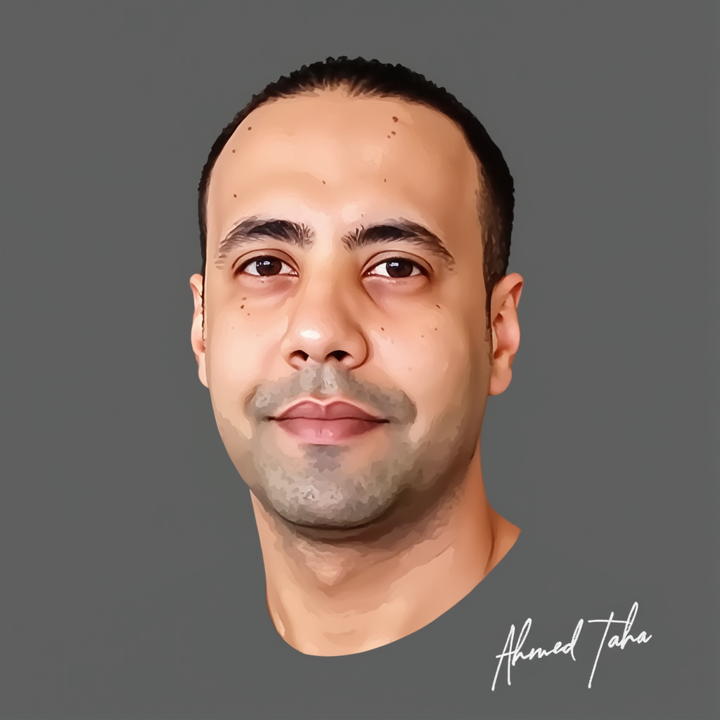 Create a realistic portrait of a 32-year-old man with short hair, based on the attached image. Ensure the likeness is accurate and the facial features are well-defined. Add a stylish, clear handwritten signature that says "Ahmed Taha" in elegant calligraphy at the bottom corner of the image.