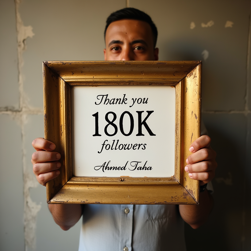 A person wearing a light-colored shirt is holding a vintage empty golden frame in front of a grungy, textured wall. Inside the frame, there is a message written in elegant, bold, and well-balanced typography: "Thank you 180K followers". Below the message, the name "Ahmed Taha" is written in a beautiful, stylish, large font that stands out clearly. The overall mood is artistic, warm, and celebratory, with soft lighting.