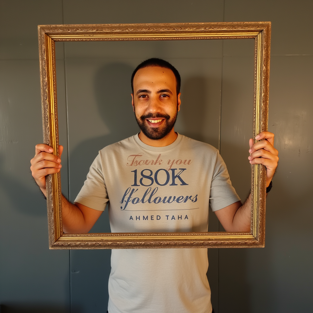 A person wearing a light-colored shirt is holding a vintage empty golden frame in front of a grungy, textured wall. Inside the frame, there is a message written in elegant, bold, and well-balanced typography: "Thank you 180K followers". Below the message, the name "Ahmed Taha" is written in a beautiful, stylish, large font that stands out clearly. The overall mood is artistic, warm, and celebratory, with soft lighting.