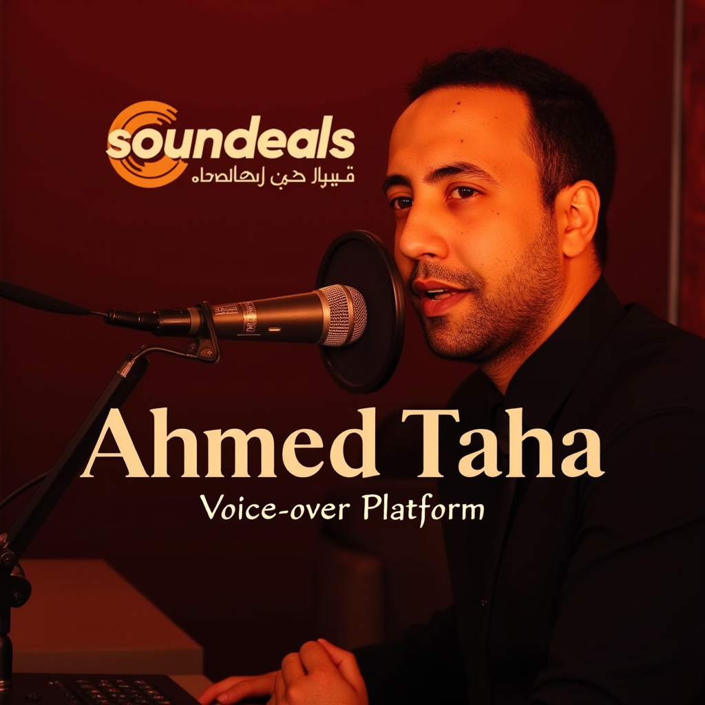 A professional voice-over studio background with a modern condenser microphone placed in front of a man. The man has short hair, a focused and confident expression, and is speaking into the microphone. The background features a bold and sleek logo that says "soundeals" and underneath it, the phrase "Voice-over Platform" in Arabic style font. The name "Ahmed Taha" appears clearly in bold, stylish, and thick English letters, well-integrated into the design in a visually appealing and elegant way. The overall color theme is vibrant red and orange tones.