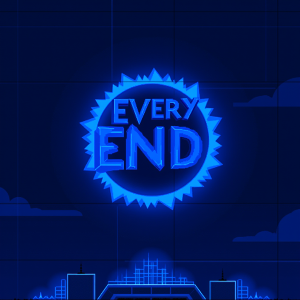 geometry dash blue level with text reading “Every End…”