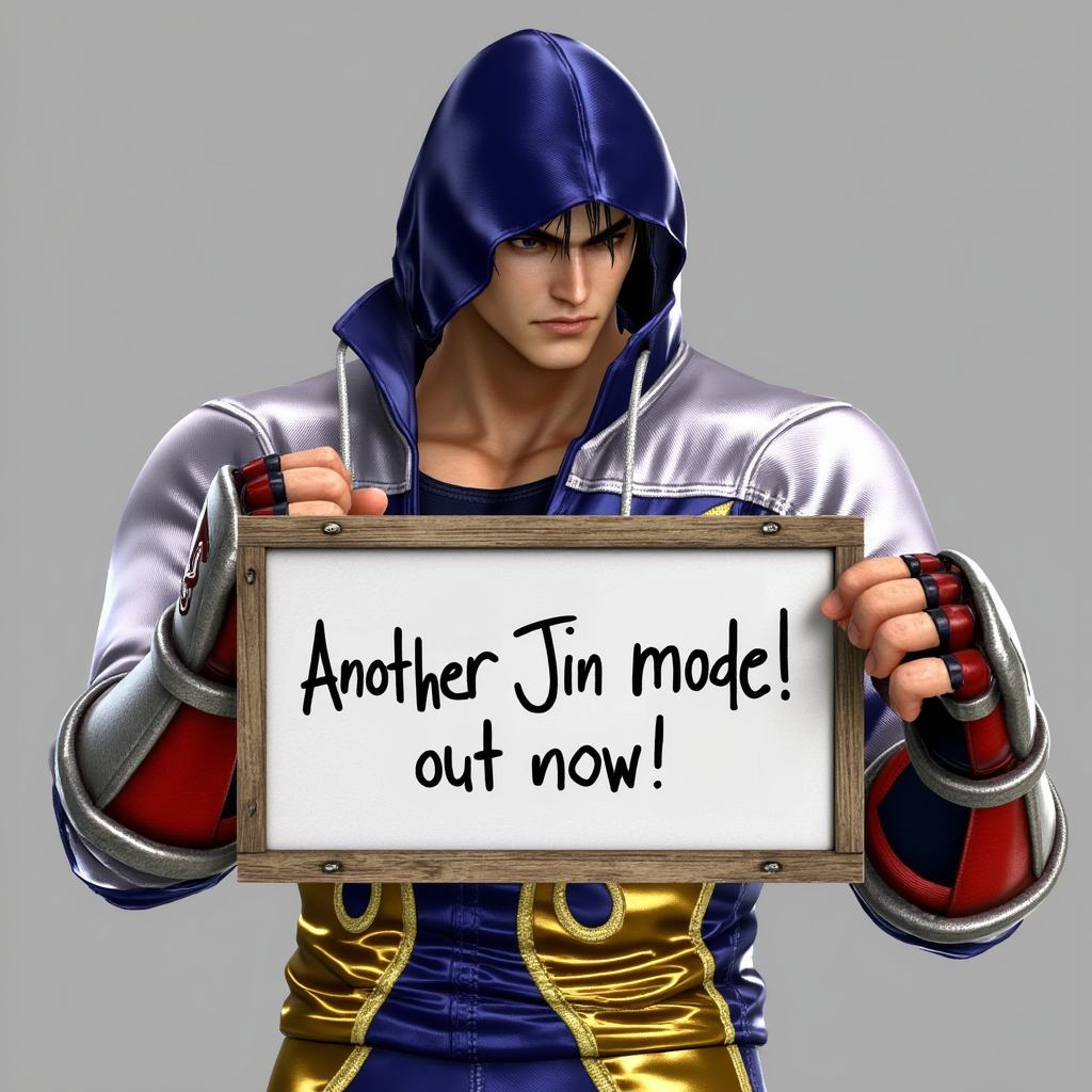 Jin Kazama holding a white sign written "Another Jin model out now!" with a distrustful expression, inspired by the works of Tekken, Unreal Engine, 8K ultra high resolution