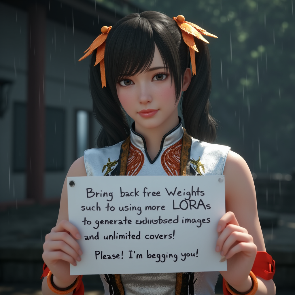 Ling Xiaoyu wearing a white sleeveless shirt and black and orange sleeveless cheongsam, holding a white sign written "Bring back free Weights such as using more three LORAs to generate unlimited images and unlimited covers! Please! I'm begging you!" with a sad expression filled with despair, crying, eyes flooded with tears, inspired by the works of Tekken, Unreal Engine, 8K ultra high resolution, rainy background, dark shadow lighting