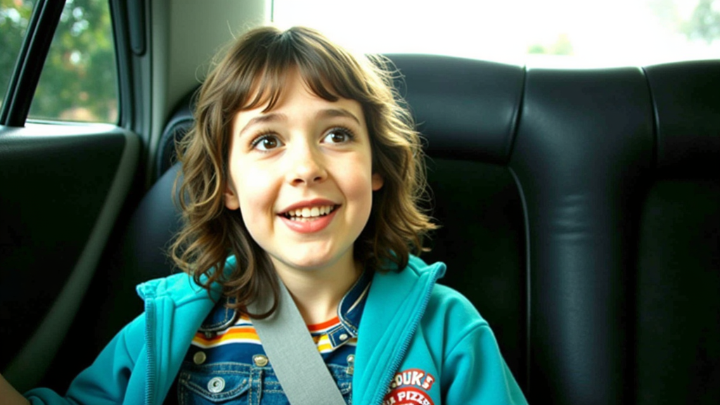 Una joven llamada Abby Schmidt, inspirada en el personaje Piper Rubio de "Five Nights at Freddy's", con cabello castaño claro y rizado, que lleva una gorra de béisbol hacia atrás. Ella está vestida con una camiseta de colores vibrantes y jeans rasgados. Se encuentra en una oscura y siniestra pizzería abandonada, con mesas desvencijadas y el logo desgastado de Freddy Fazbear en la pared. La atmósfera es tensa y escalofriante, con sombras alargadas que parecen moverse en la oscuridad. La luz tenue, intermitente y de un tono azulado, crea un contraste que resalta las expresiones preocupadas en su rostro. El estilo artístico es inquietantemente realista, capturando cada detalle de su expresión y el entorno desolado a su alrededor.