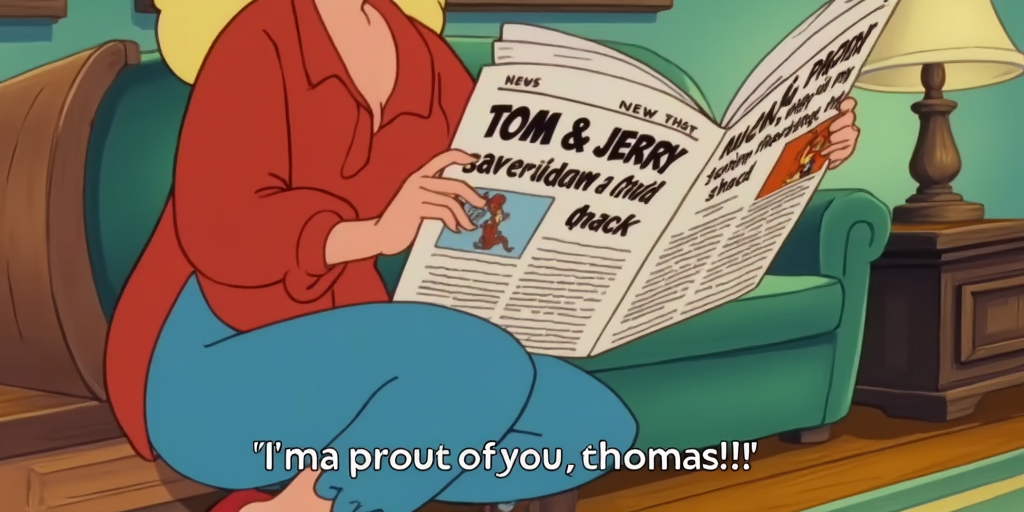 A screenshot of Tom’s Owner from "Tom and Jerry: The Movie" is depicted in an animated style only shown from the Neck down, her head is cropped out of the frame.She is shown with blonde hair partially visible wearing a red top and blue pants and red shoes. She’s seen sitting in the couch reading a newspaper with the news that Tom & Jerry saved a child from a burning shack voicing her pride on her former pet as there are subtitles that say “I’m proud of you Thomas!!” Shown below