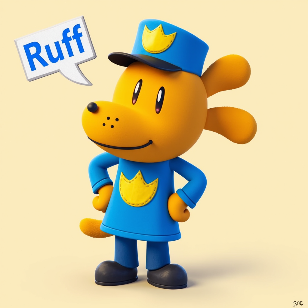 Dog Man The character is an anthropomorphic dog wearing a blue uniform with a yellow emblem, and a matching blue cap. The character stands confidently with hands on hips. holding a sign said “Ruff.”