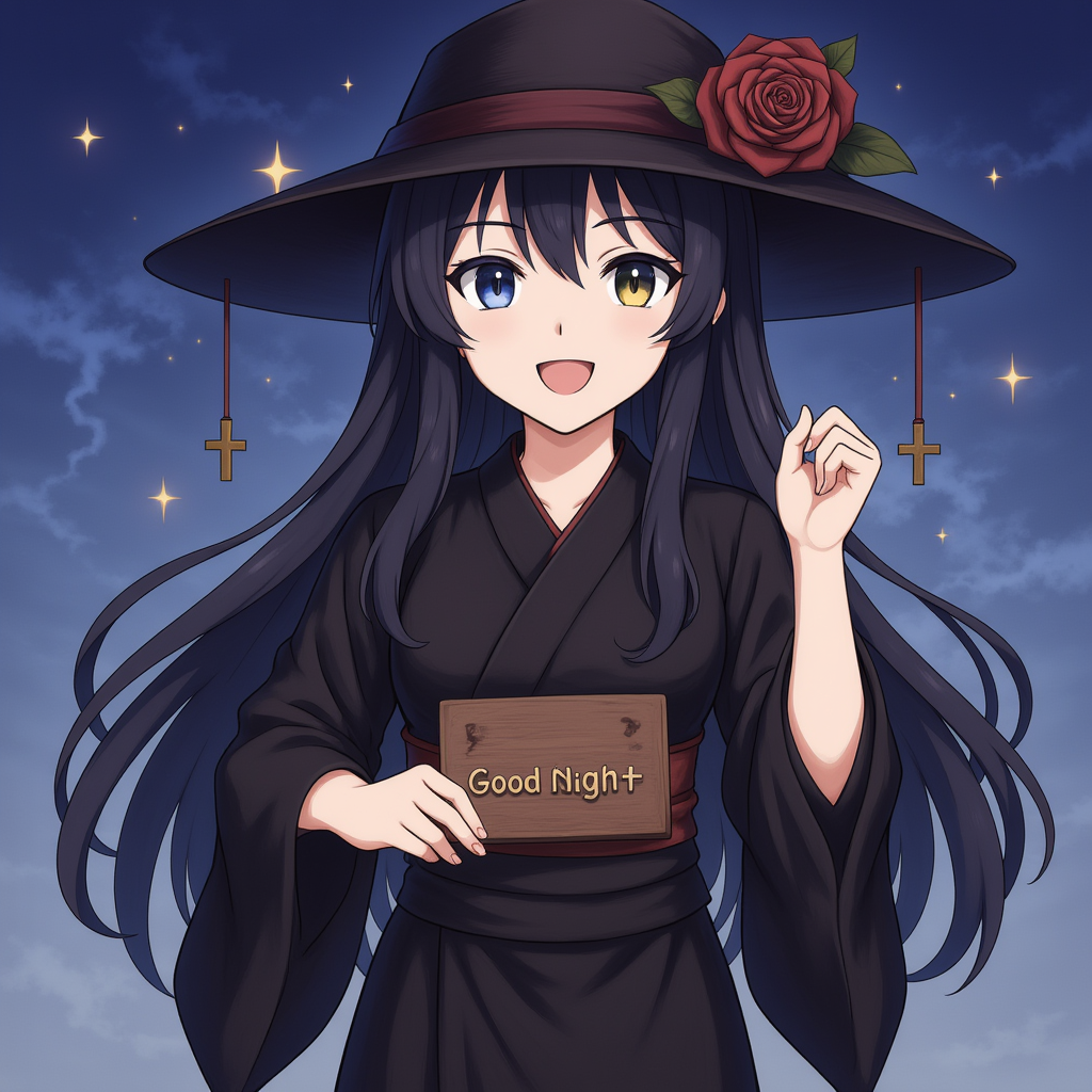 Akeno Whiteheart  wearing a black kimono and black hair and black hat  holding a sign saying good night