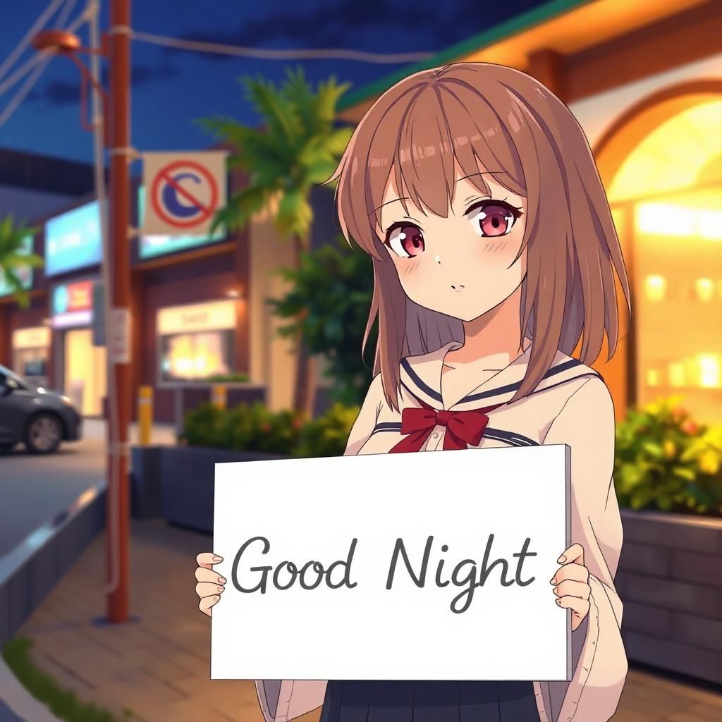 A beautiful anime girl holding a sign saying good night