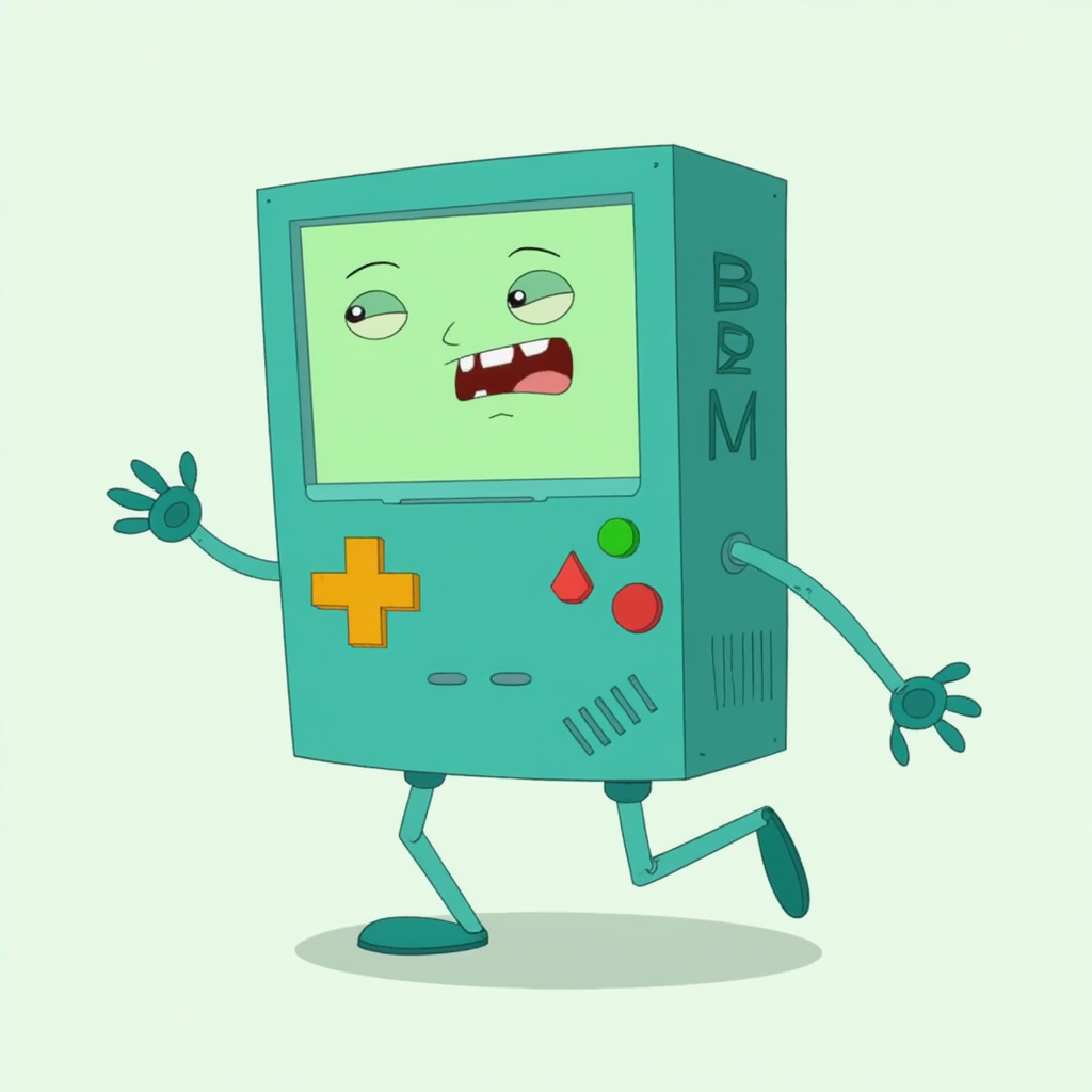 a Phineas and Ferb style character, a teal, rectangular-shaped robot resembling a game console. It features a screen with a cheerful face, button controls (including a cross-shaped yellow button, a triangle, and a red circle), and thin elongated arms and legs. The letters 'BMO' are visible on its side.