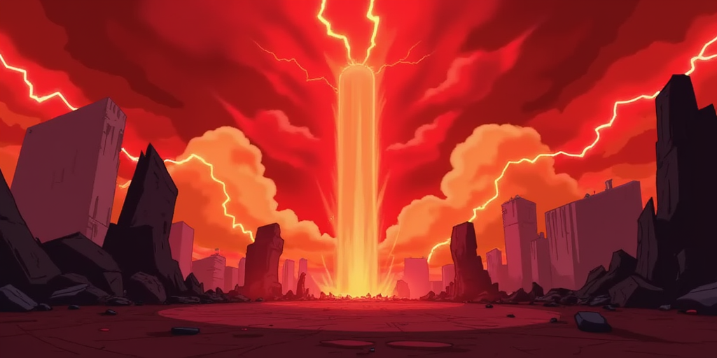 A Phineas and Ferb style background. A large, imposing, vertical portal, emitting a brilliant, red-orange light, is centered in a landscape of ruined, crumbling structures. The structures are dark, shadowy, and fragmented, resembling a post-apocalyptic or ruined city. The sky is a fiery red and orange, filled with intense, jagged lightning strikes. A flat, dark-reddish ground covers the foreground, strewn with debris and small, rocky formations. The lighting is dramatic and highly contrasted, highlighting the portal's light and emphasizing the shadows of the ruined buildings. The overall style is stylized, digital art, with a dark, apocalyptic atmosphere and a strong sense of scale and grandeur. Composition is symmetrical, with the portal at the exact center of the image,  drawing the viewer's eye. The colors are primarily shades of red, orange, and dark grey. The setting evokes a sense of destruction, intense energy, and vastness.