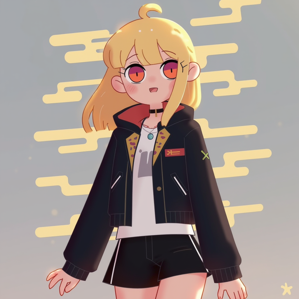 a girl with blonde hair, a black jacket and short black pants