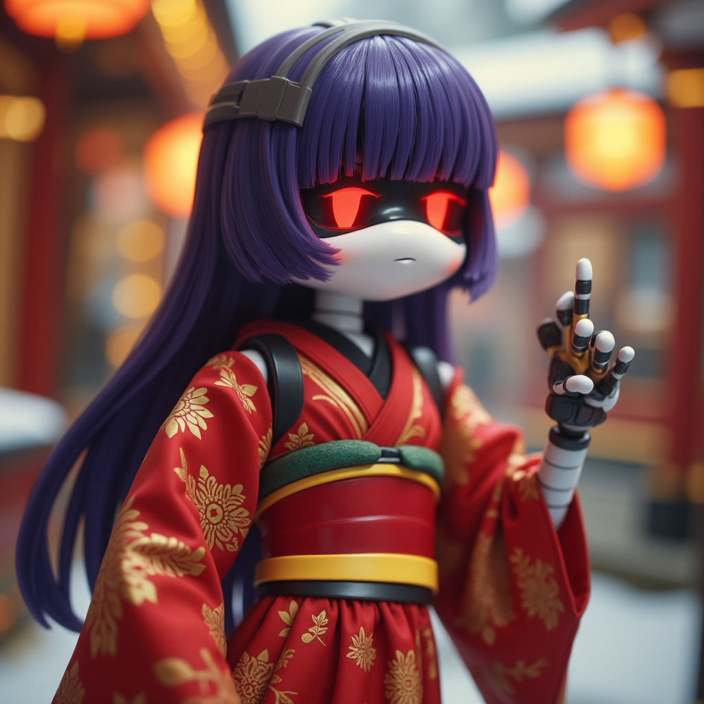 doll a robot girl and with her red Japanese kimono clothes
