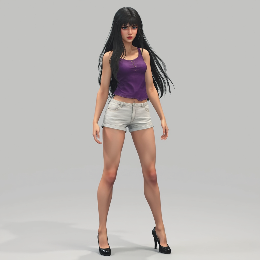 a girl with long black hair, a sleeveless purple shirt, short white pants, and black shoes with heels. Versión character of dead rising deluxe remaster style