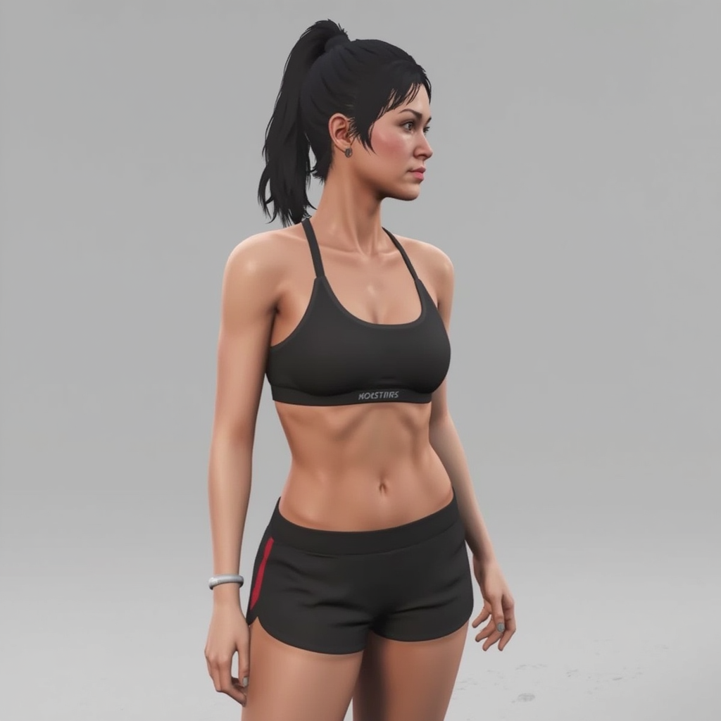 a black-haired woman with a ponytail, a black sports bra and black sports shorts. Versión character of gta 5 characters style