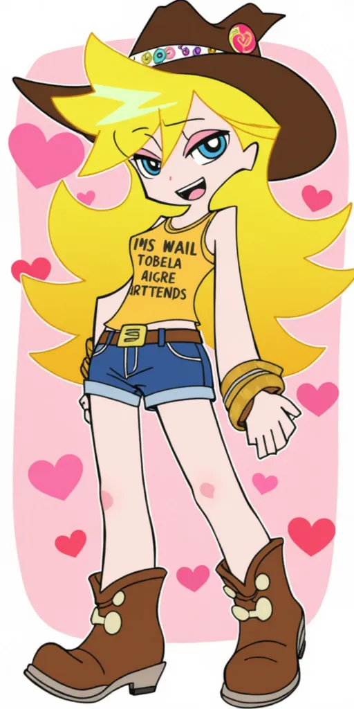 Panty Anarchy with striking yellow hair styled in a way that adds an energetic flair. The character wears a cowboy hat adorned with playful details and a sleeveless shirt that showcases a bold statement. Their outfit is completed with denim shorts and cowboy boots, nodding to a wild west aesthetic.

The background is filled with whimsical hearts, creating a vibrant and affectionate atmosphere that contrasts with the character's confident pose. This juxtaposition suggests a playful combination of toughness and a lighthearted, romantic vibe.

Overall, the image seems to celebrate an adventurous spirit and self-confidence, possibly embodying a character who is both fierce and charming, capturing a sense of fun and flirtation typically found in animated or comic worlds.