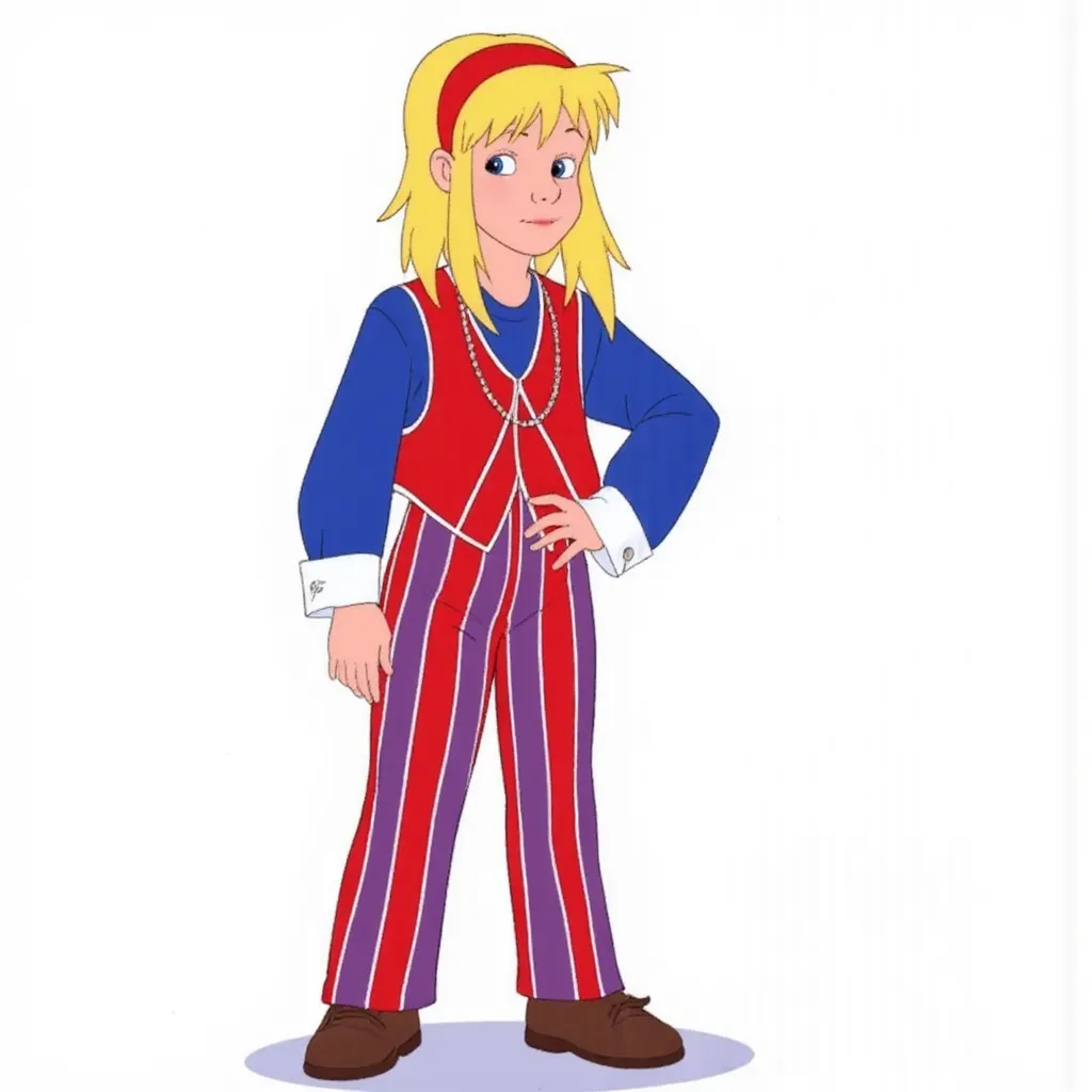 Robyn Starling from "Tom and Jerry: The Movie", a thin child with an average build wearing Robbie Rotten's outfit featuring a red, purple, and white striped suit with a tailored vest, blue long sleeves, and white cuffs. The vest includes a decorative chain. The outfit showcases the full character ensemble with matching striped pants, embodying the distinctive and quirky style of Robbie Rotten. She has blonde hair with a red headband and is standing with one hand on her hip, smiling.