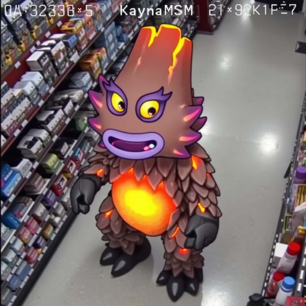 StoreCCTV, view from the surveillance camera of KaynaMSM, a creature with a volcanic, rock-like body. It features a glowing, fiery core on its chest, vibrant eyes with purple eyelashes, and big, purple lips. The top resembles a volcano with glowing orange cracks
