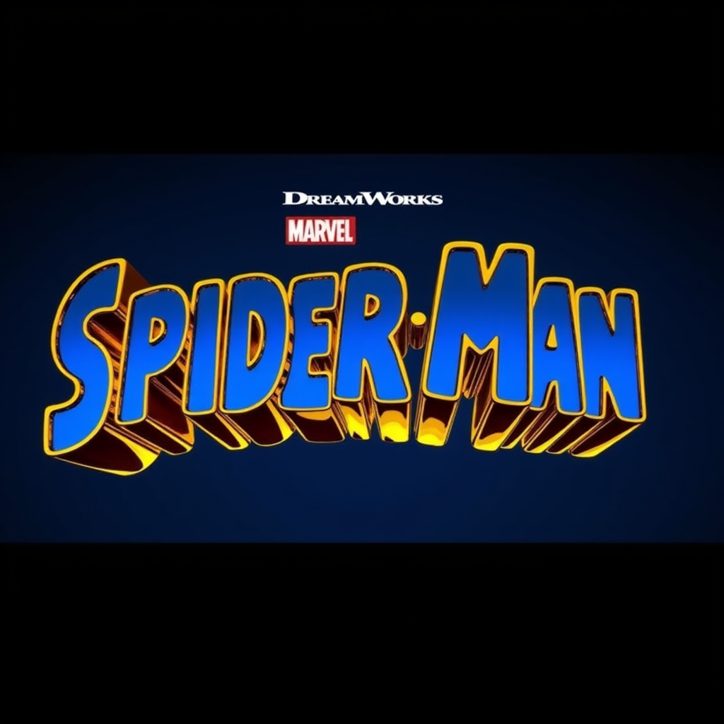 The image shows the title "SPIDER MAN" in bold, blue, 3D letters with a yellow outline, set against a dark background. Above the title is the DreamWorks logo in white. This likely represents a promotional title card for a DreamWorks production related to "Dog Man."