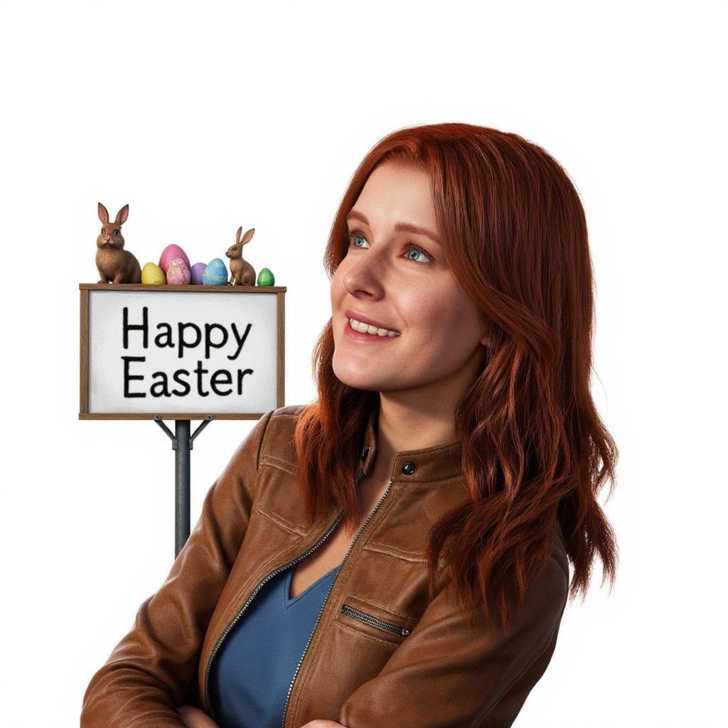 Mary Jane Watson from "Spider-Man 2: The Video Game" posing with her head tilted back and looking at the viewer with medium-length auburn hair, wearing a brown leather jacket over a blue top, smiling against a plain white background. Within an Easter themed message within a “Happy Easter” through a billboard from a town surrounded by Easter eggs and Easter bunnies